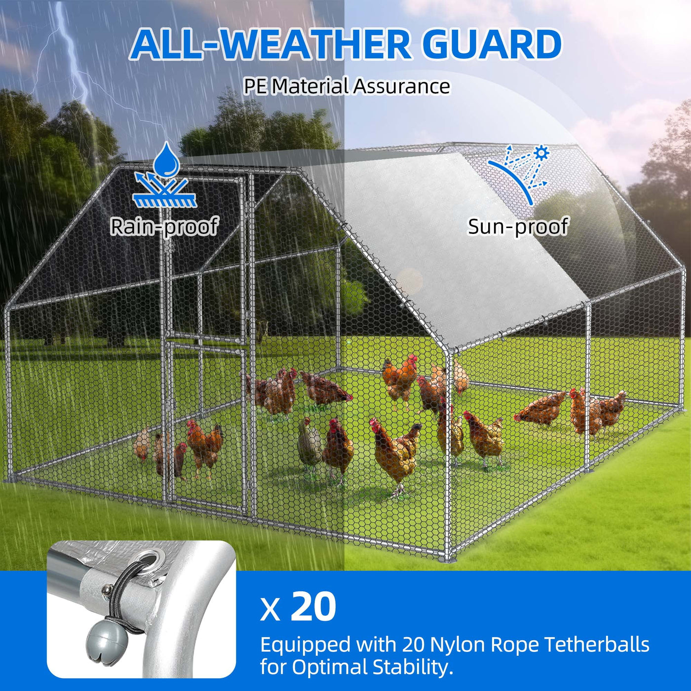 Dextrus Chicken Run Coop 13.1 x 9.8 x 6.4 ft Large Metal Chicken Coop Spire Shaped, Walk-in Hen Cage, Outdoor Poultry Cage with Waterproof Cover and Wire Mesh for Backyard,Yard Outdoor