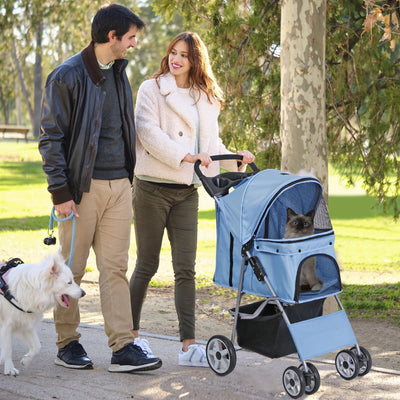 Foldable Carrier Strolling Cart 4 Wheel Pet Stroller for Cat, Dog w/ Cup Holder