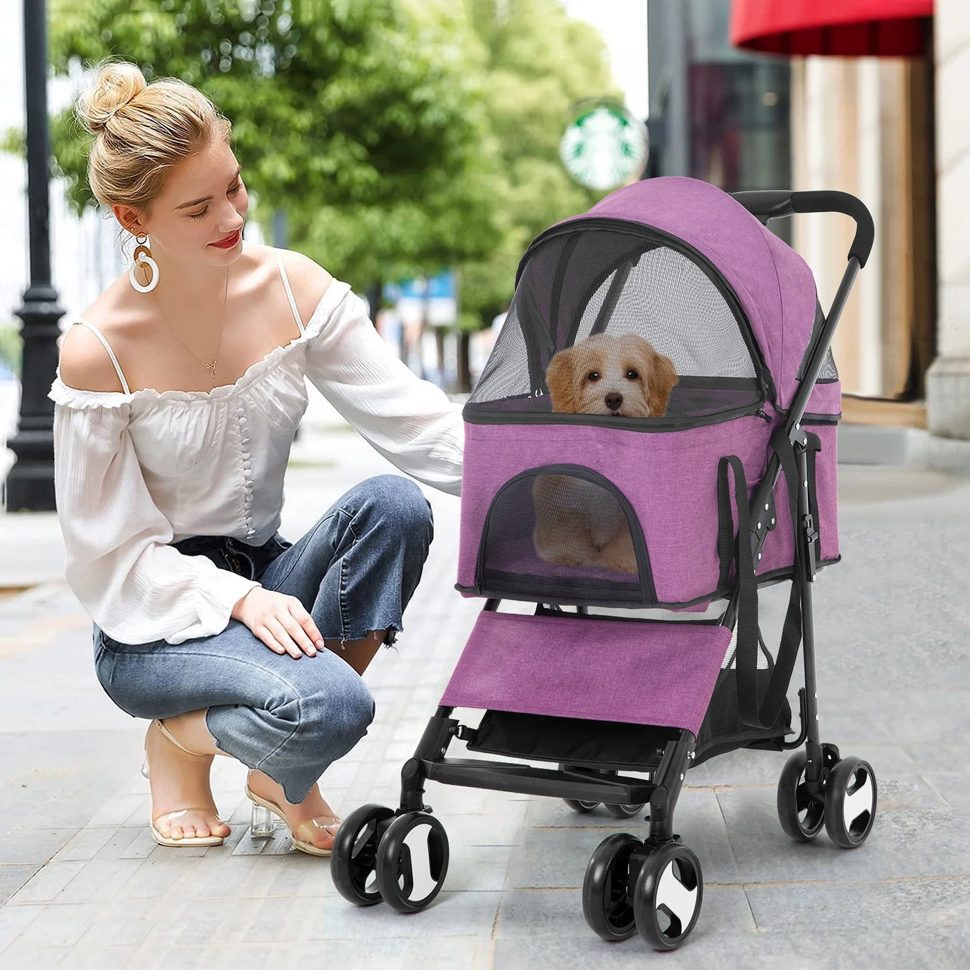 NiamVelo Pet Stroller 3-in-1 Detachable Dog Stroller with 4 Wheels Foldable Dog Travel Cart Cat Walker for Doggy Rabbit, Purple