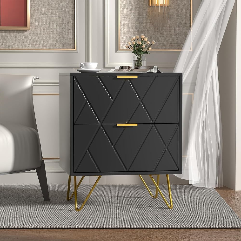 RSJIWOGZ Black Nightstand with 2 Drawers 17.7" W Modern Small End with Gold Handle & Cute Nightstand for Small Space Bedroom and Living Room Black