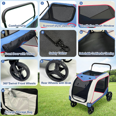 Foldable Pet Stroller for Large or 2 Dogs Cats Jogger Wagon with 4 Wheels