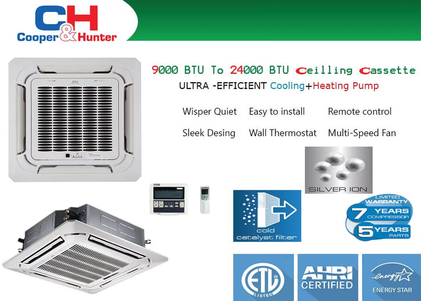 Cooper & Hunter 28000 BTU Dual Zone Mini Split Ductless 12K+12K Ceiling Cassette + 25 Ft Installation Kit