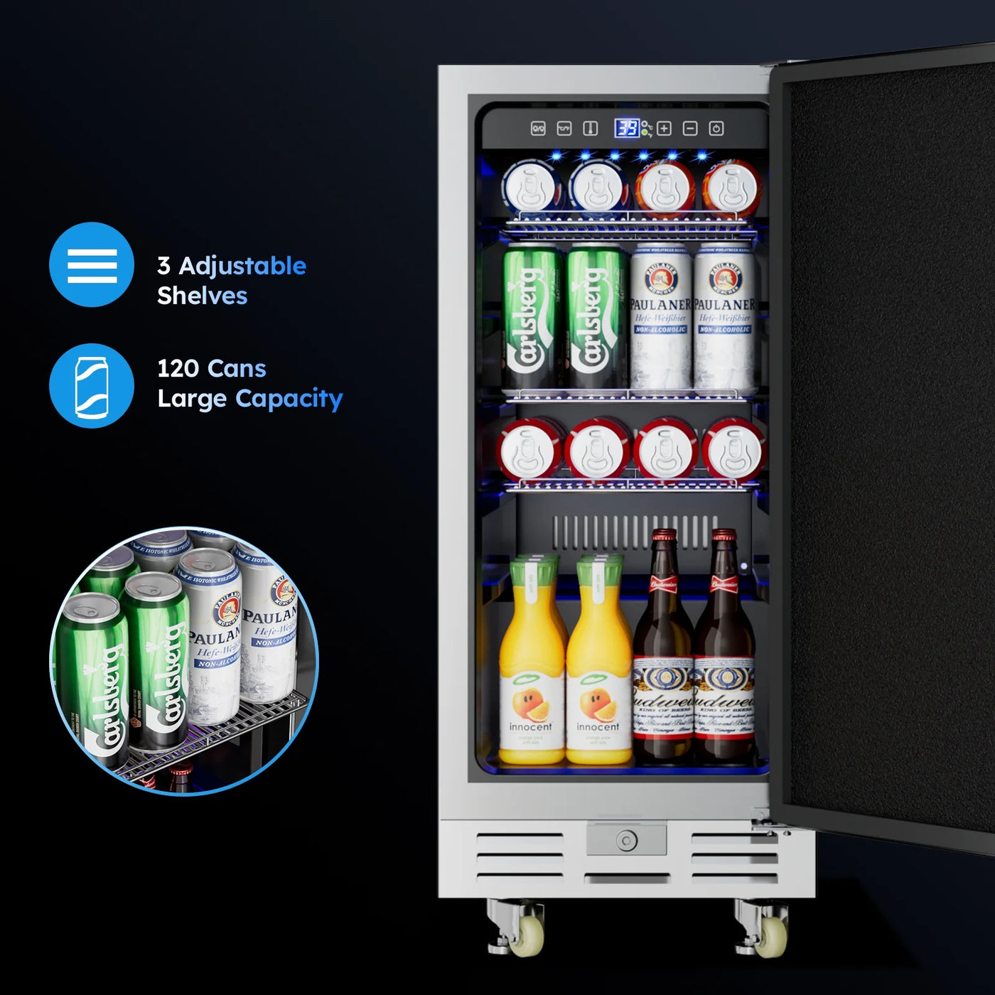 Ecojoy Outdoor Beverage Refrigerator, 15 Inch Stainless Steel Under Counter Beer Beverage Fridge for 120 Cans w/ 37-65℉