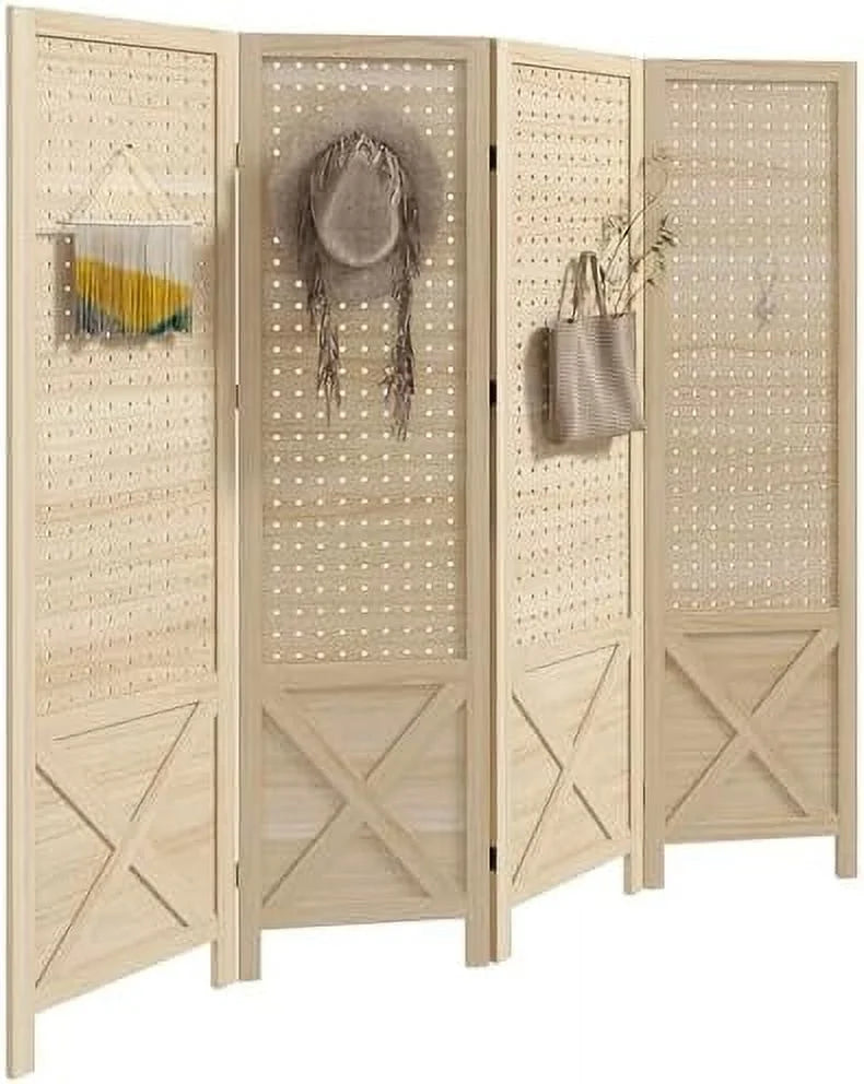 CHFBC 4 Panel Pegboard Display Room Divider 4.7' Tall Wood Indoor Portable Folding Privacy Screen Partition Wall Divider for Home Office Natural