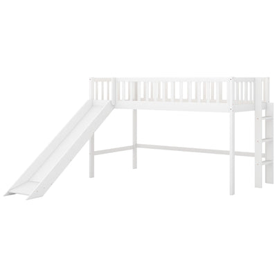 :Low Loft Bed with Slide and Ladder, Twin Size, White - Fun Slide, Space-Saving Design, Perfect for Kids