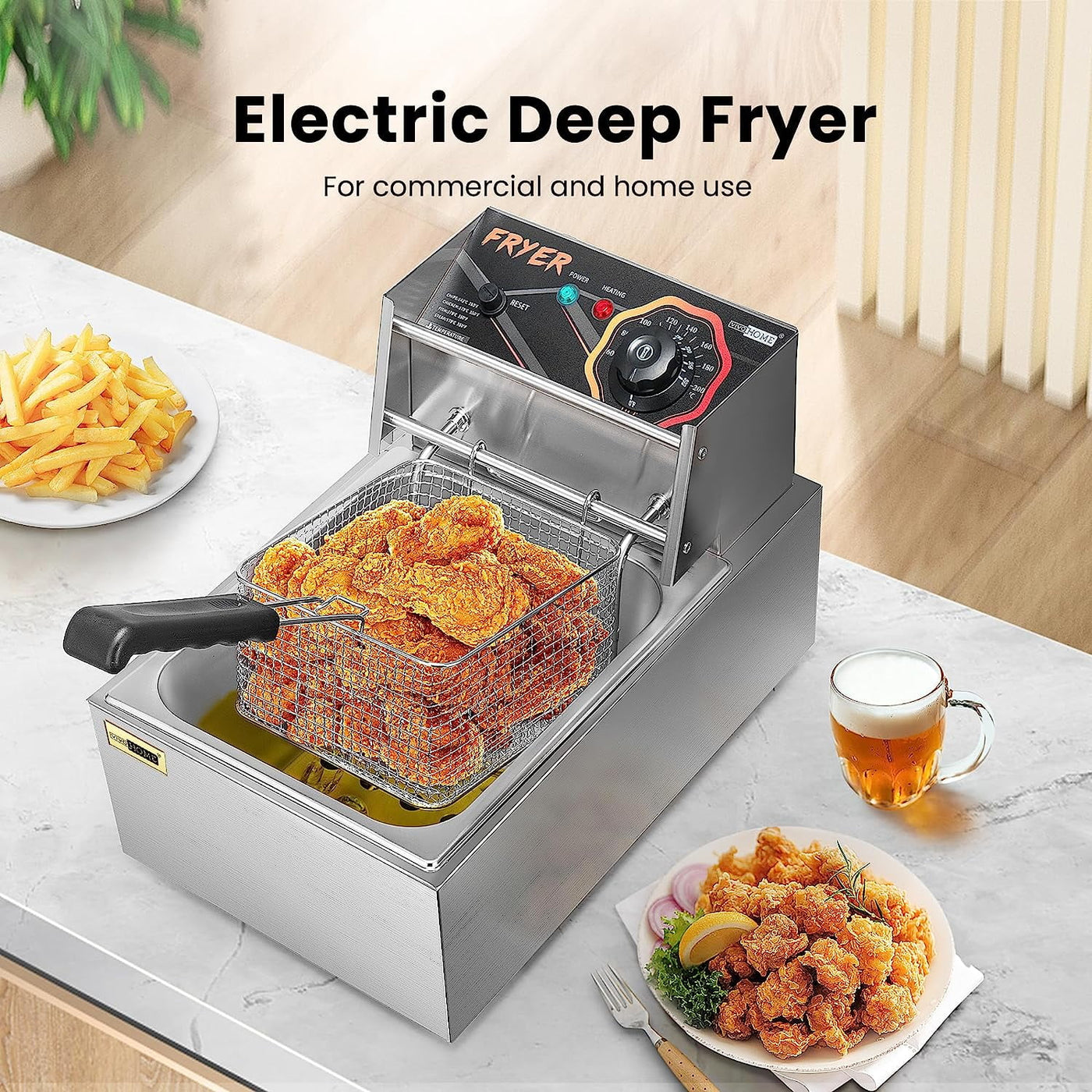 VIVOHOME 2500W 10.6 QT Electric Deep Fryer with 6.3 QT Removable Basket, Temperature Adjustable 140-392℉