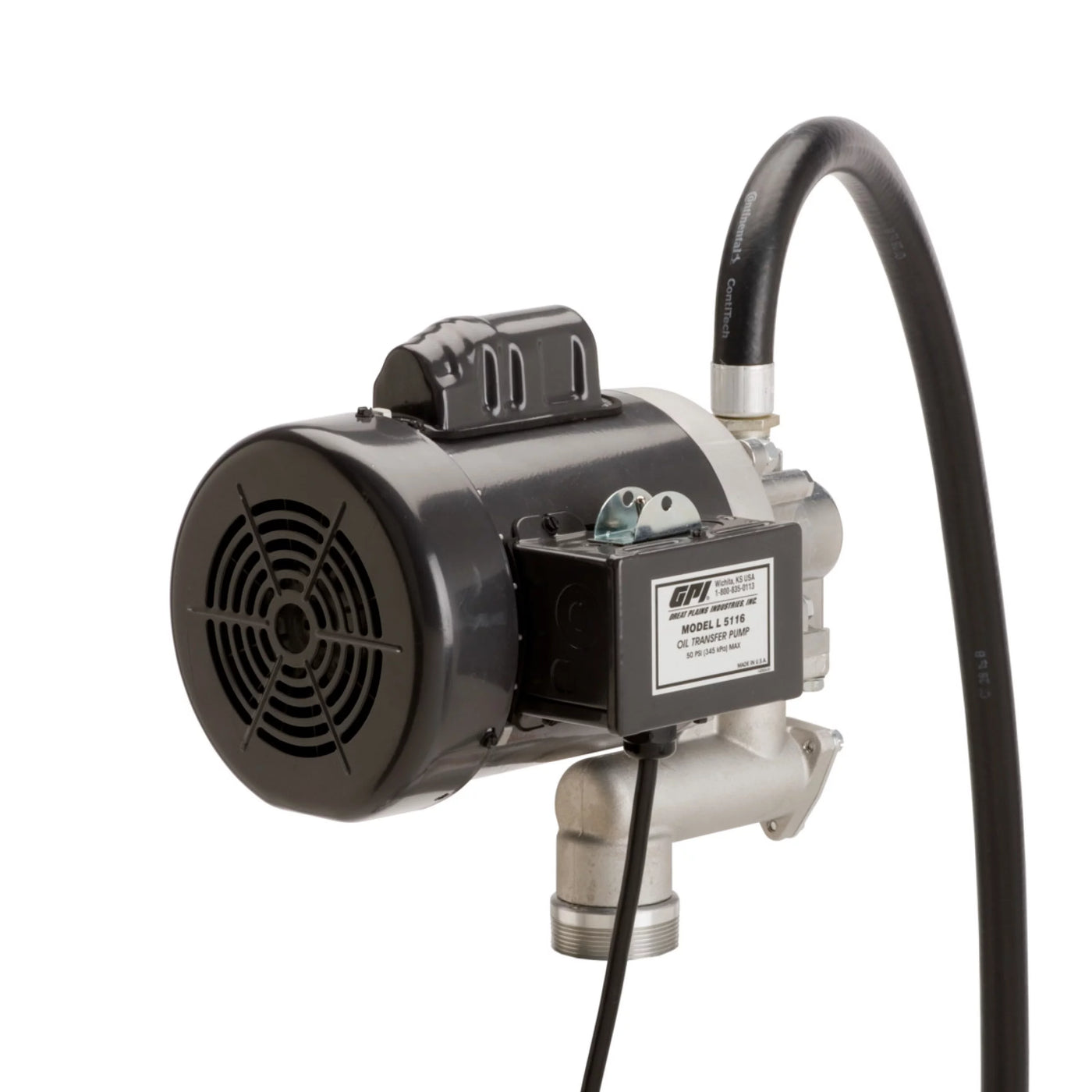 GPI - L5116 High Viscosity Oil Pump, 16 QPM, 115V/230AC Oil Transfer Pump for Viscous Fluids that Features a 0.75” Ball Valve Nozzle, 8 Foot Hose, 3 Foot Power Cord with Three-Prong Plug (142100-01)