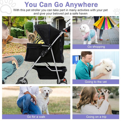 Dog Stroller Folding Pet Stroller 4 Wheels Cat Stroller Foldable Stroller Waterproof Travel Carrier Strolling Cart for Puppy Jogger Stroller W/Cup Holder & Storage Basket, Black