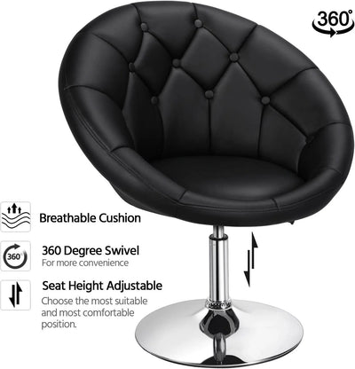 HOMEZY Round Tufted Back Chair Contemporary Height Adjustable, 360° Swivel, Accent Vanity Chair for Living Room, Modern Look, Black