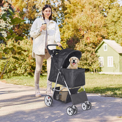 Foldable Pet Stroller, Cat/Dog Stroller with 4 Wheel, Pet Travel Carrier Strolling Cart with Storage Basket, Cup Holder, Black