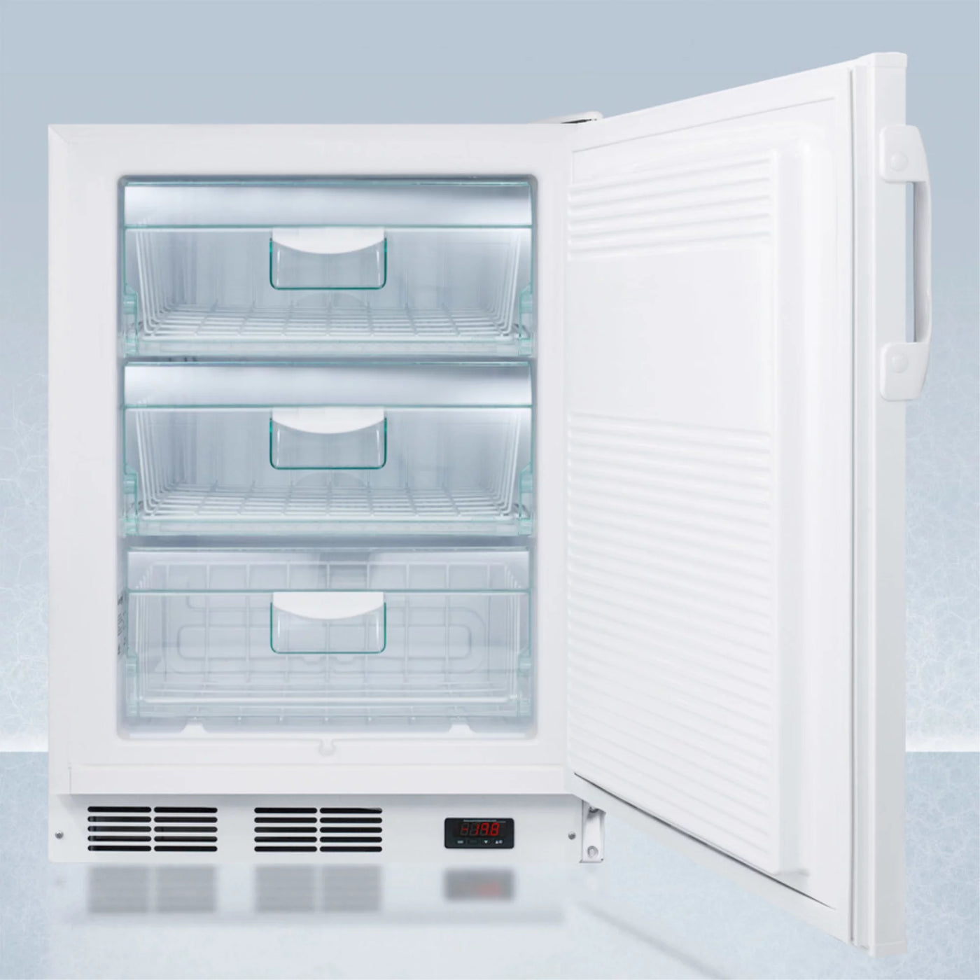 ADA compliant 24" wide all-freezer for built-in commercial use, manual defrost with a traceable thermometer, lock, and -25C capability