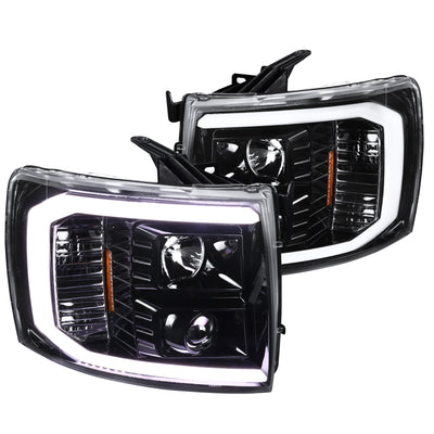 Spec-D Tuning LED Light Bar Jet Black Housing Clear Lens Projector Headlights + Glossy Black Vertical Style Grille Compatible with 2007-2014 Chevrolet Silverado Left + Right Pair Headlamps Assembly