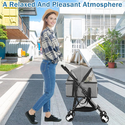 Dkeli 4 Wheels Dog Stroller Folding Pet Stroller Cat Stroller for Medium Dogs with Detachable Carrier, Grey