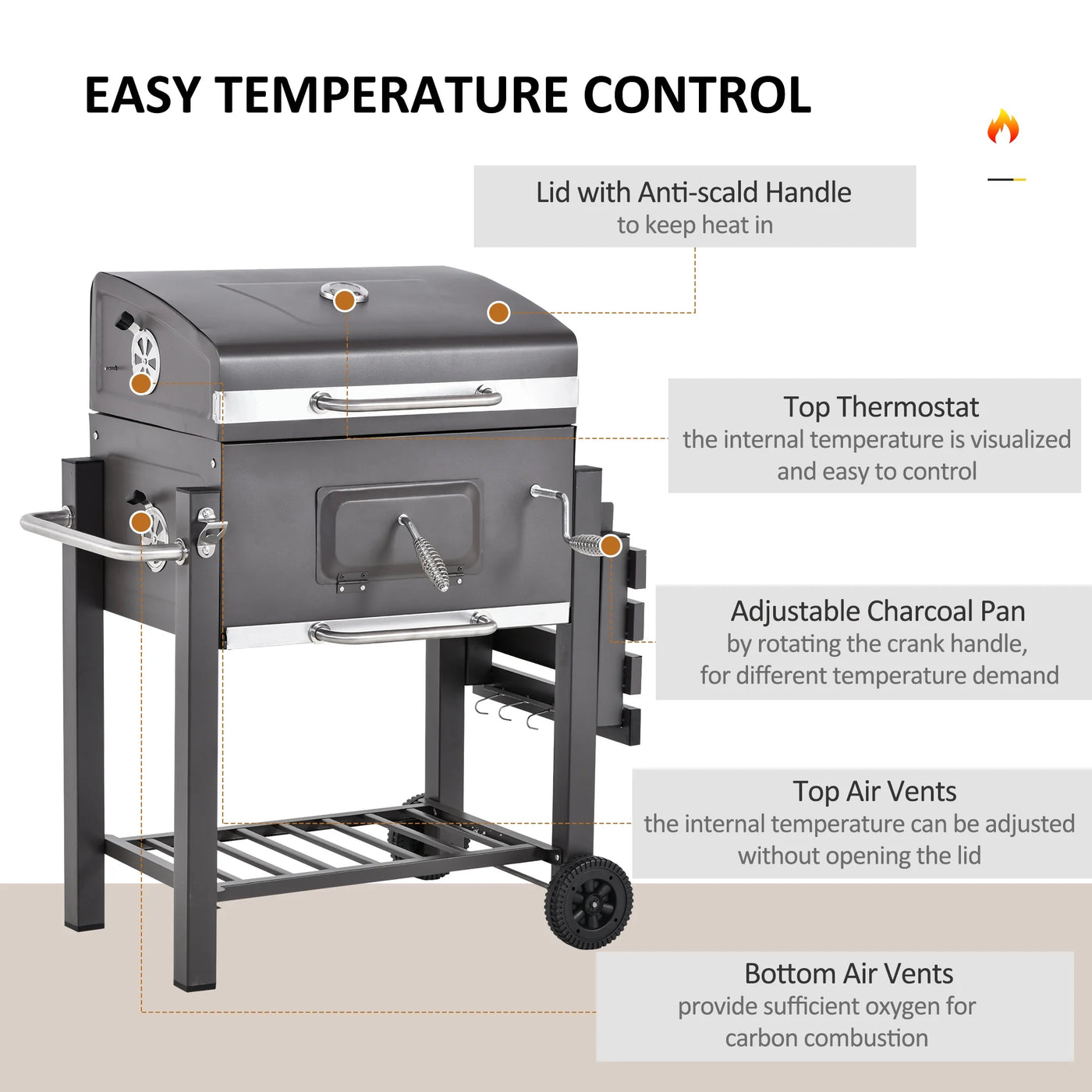 Outsunny Charcoal BBQ Grill, Outdoor Portable Cooker, Gray