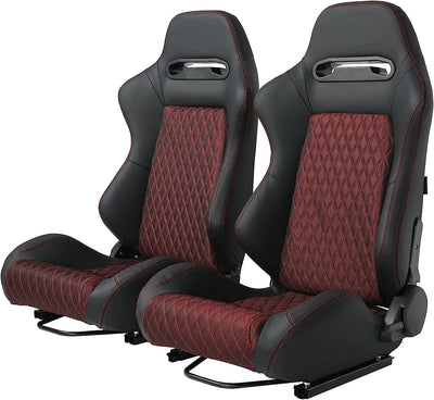 Universal Set of 2 Racing Seats Pair Black Leather Reclinable Bucket Sport Seats