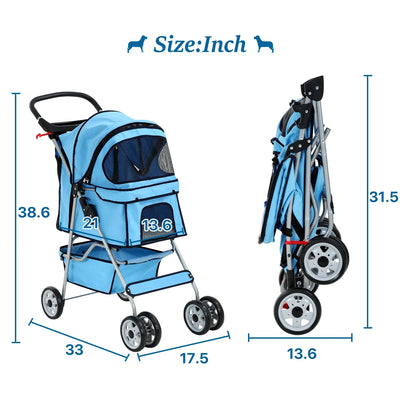 Dkelincs 4 Wheels Pet Stroller Folding Dog Cat Stroller Travel Carrier with Cup Holder & Storage Basket, Blue