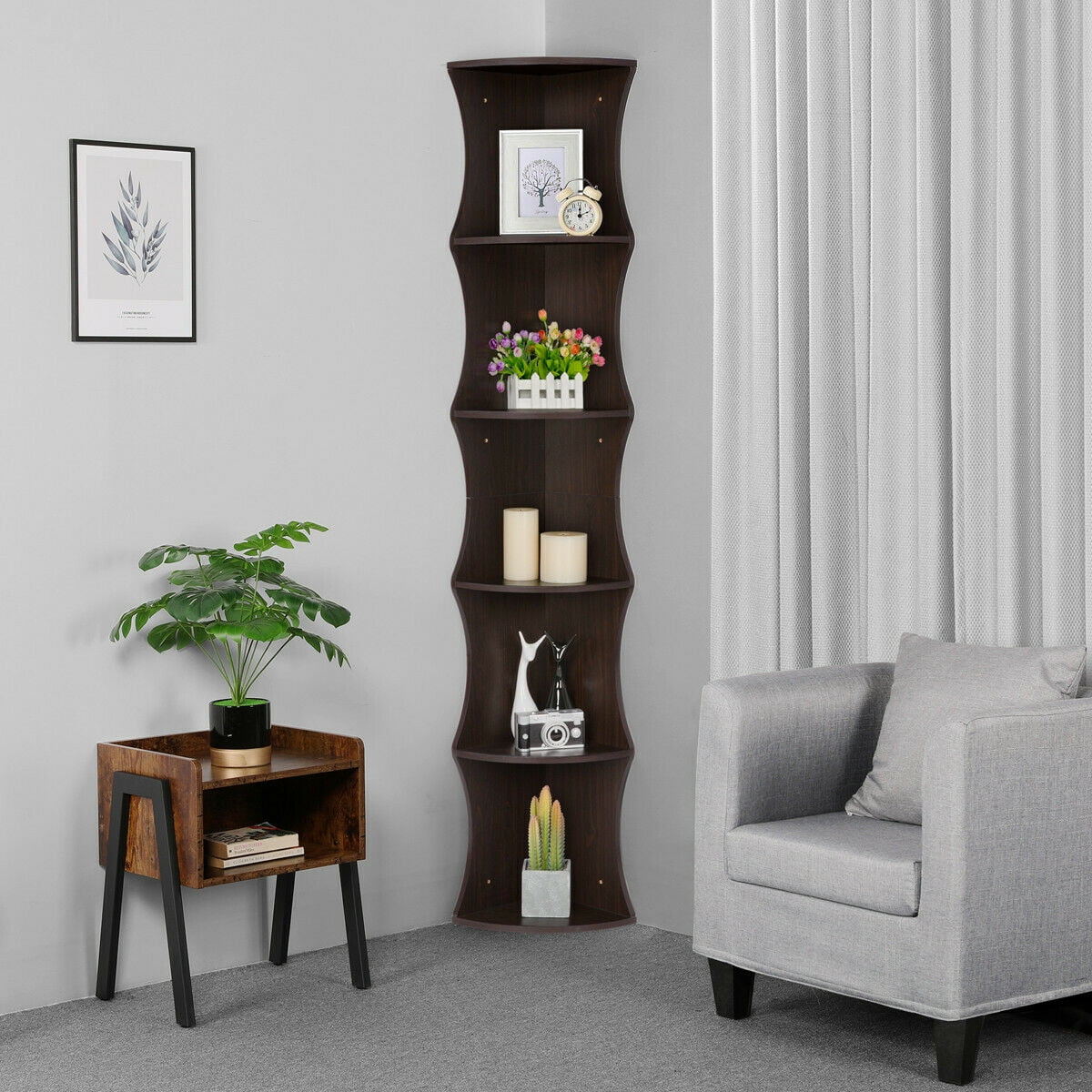 Nesuncia 77" H 5 Tier Corner Shelf Plant Stand Open Bookshelf Unique Furniture