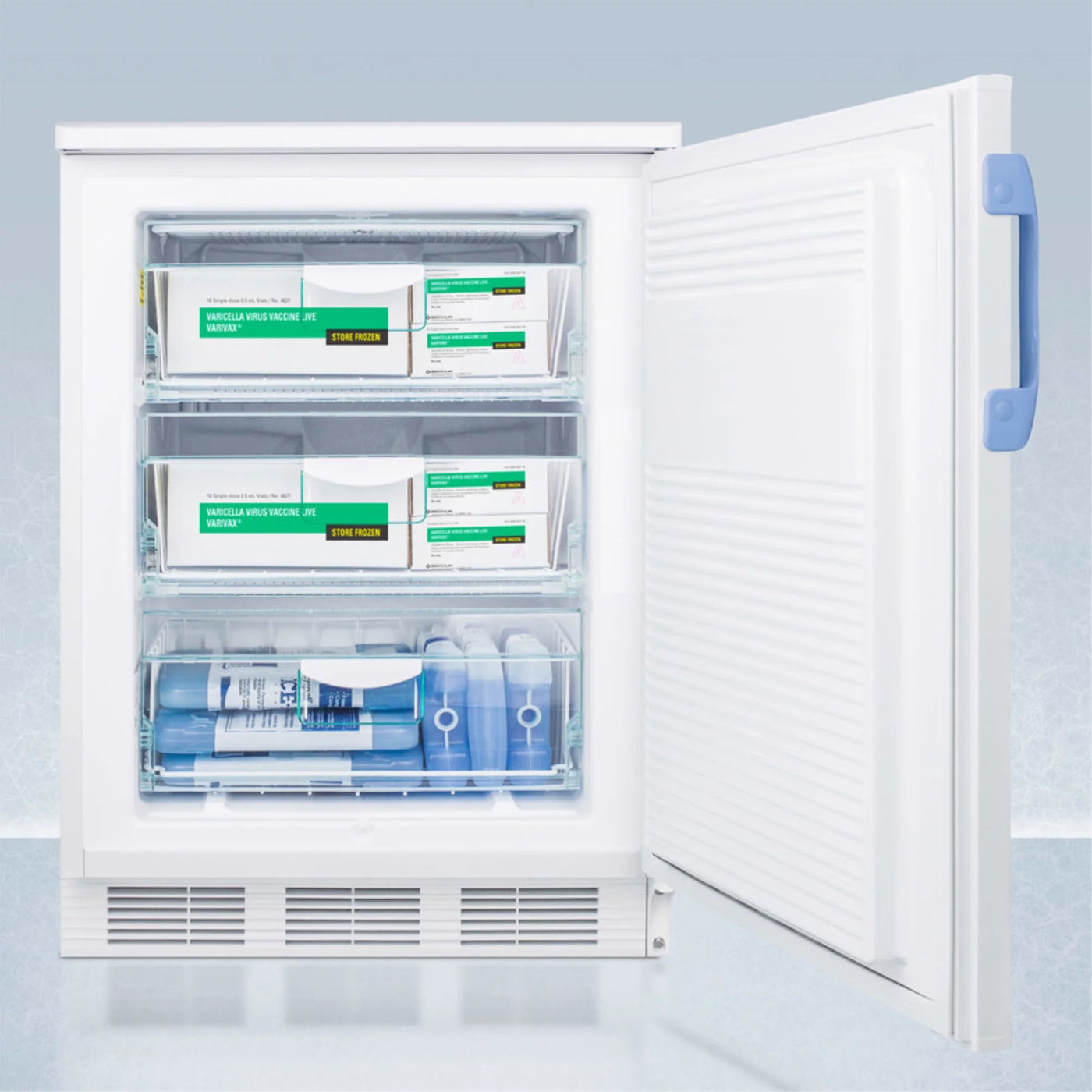 Built-in undercounter medical/scientific -25C capable all-freezer with front control panel equipped with a digital thermostat and NIST calibrated thermometer/alarm