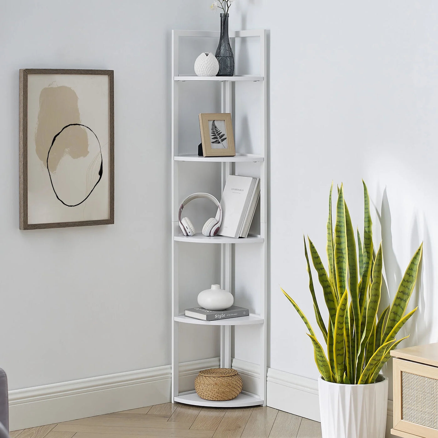 SWAREY 5 Tier Corner Bookcase Plant Stand Storage Open Shelf Corner Display Rack white