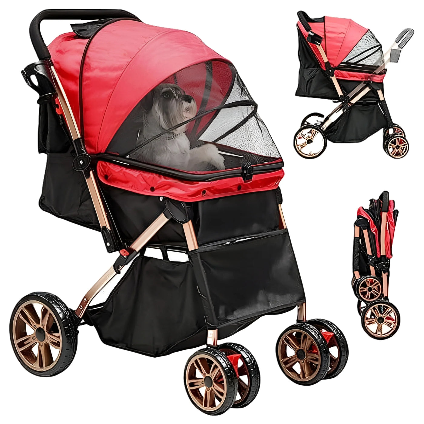 Dextrus Dog Stroller for Medium Small Dogs, Upgraded Version with Larger Room, 4 Wheels Foldable Pet Stroller with 360° Rotation Wheel, Cat Kitty Puppy Stroller with Storage Basket (Red)