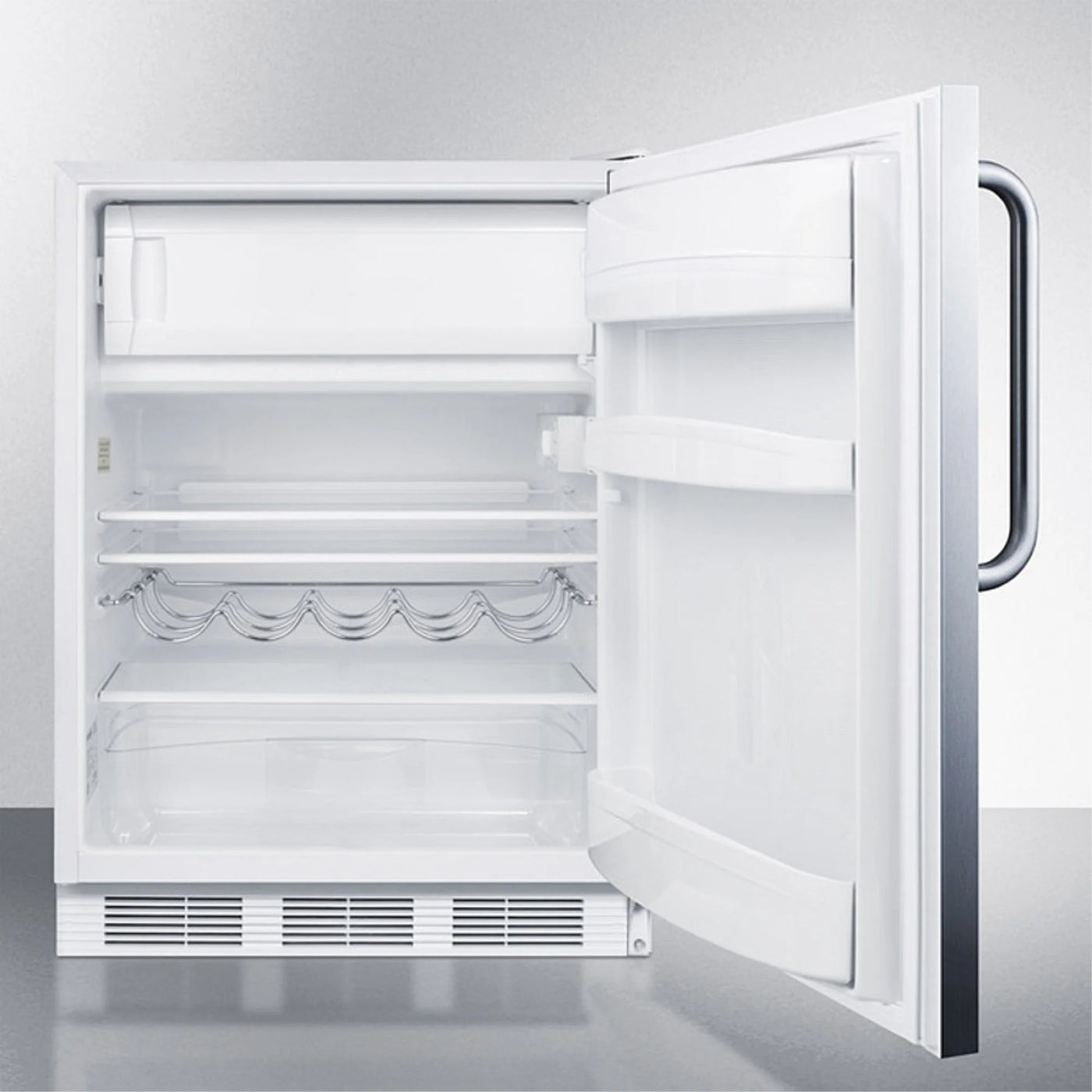 ADA compliant built-in undercounter refrigerator-freezer for residential use, cycle defrost w/deluxe interior, SS door, TB handle, and white cabinet