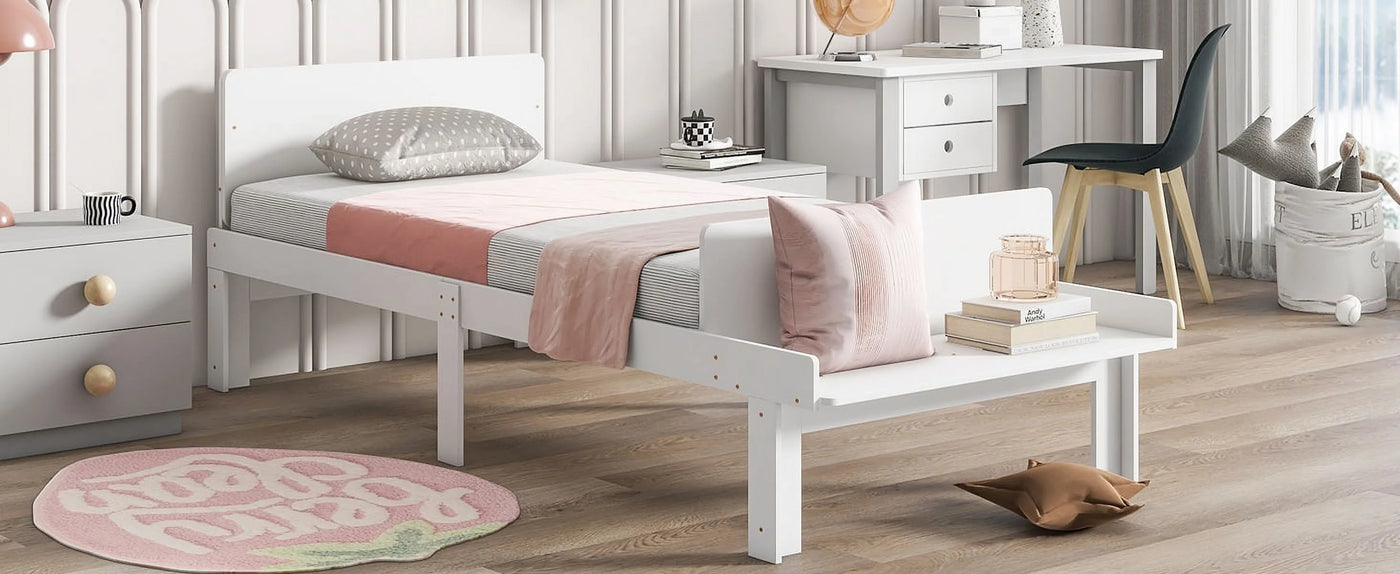 Create a chic and cozy bedroom look with this stylish and elegant white twin bed featuring a footboard bench for added comfort - perfect for enhancing the style and comfort of your bedroo