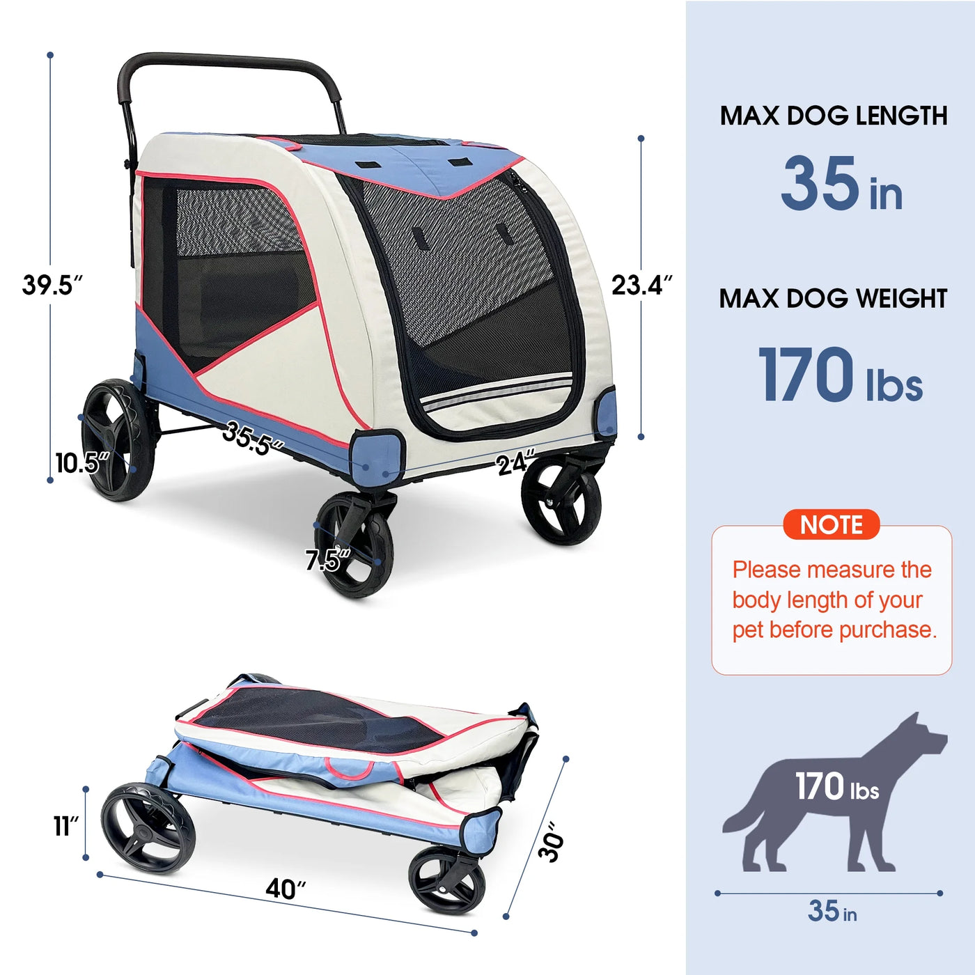 Foldable Pet Stroller for Large or 2 Dogs Cats Jogger Wagon with 4 Wheels