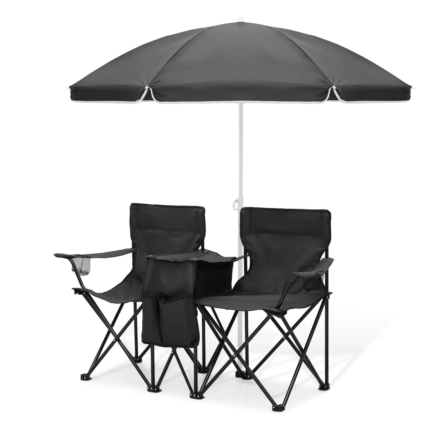 Magshion Portable Double Folding Chair with Removable Umbrella, Cooler Bag & Carry Bag, for Beach Camping Picnic, Black