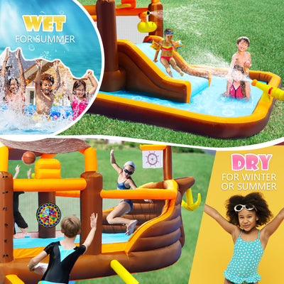 Track 7 Inflatable Water Park,Inflatable Big Bounce House Cruise Ship Pattern Slide Water Park Bouncer with Splash Pool & Basketball & Blower