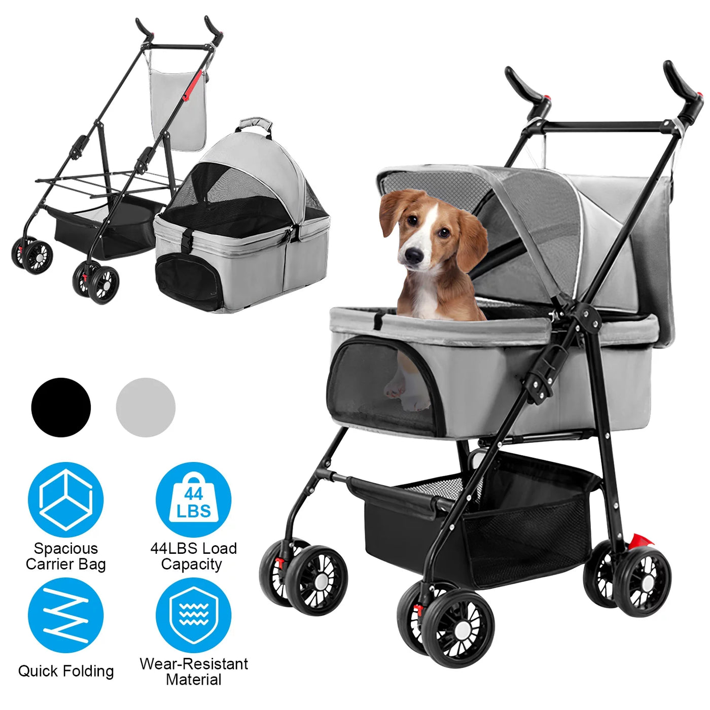 iMounTEK Pet Stroller with 4 Wheels, Outdoor Foldable Dog Cage Stroller with Removable Liner Storage Basket for Dog Cat, Gray