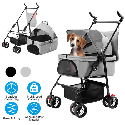 iMounTEK Pet Stroller with 4 Wheels, Outdoor Foldable Dog Cage Stroller with Removable Liner Storage Basket for Dog Cat, Gray