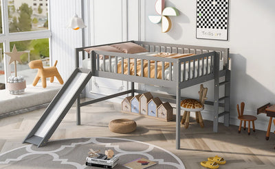 Gray Full Size Low Loft Bed with Fun Ladder and Slide for Kids‘ Bedroom Sturdy and Stylish Design Space-Saving Furniture Solution for Cozy Sleep and Play Area