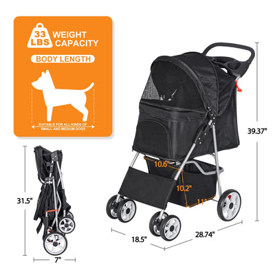 Pet Stroller 4 Wheels Dog Cat Stroller for Small Medium Dogs Cats Foldable Puppy Stroller with Storage Basket and Cup Holder