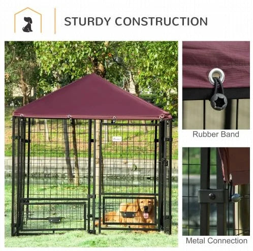 5' x 5' x 5' Dog Kennel Outdoor with Rotating Bowl Holders, Walk-in Pet Playpen, Welded Wire Steel Dog Fence with Water-and UV-Resistant Canopy, Black and Red