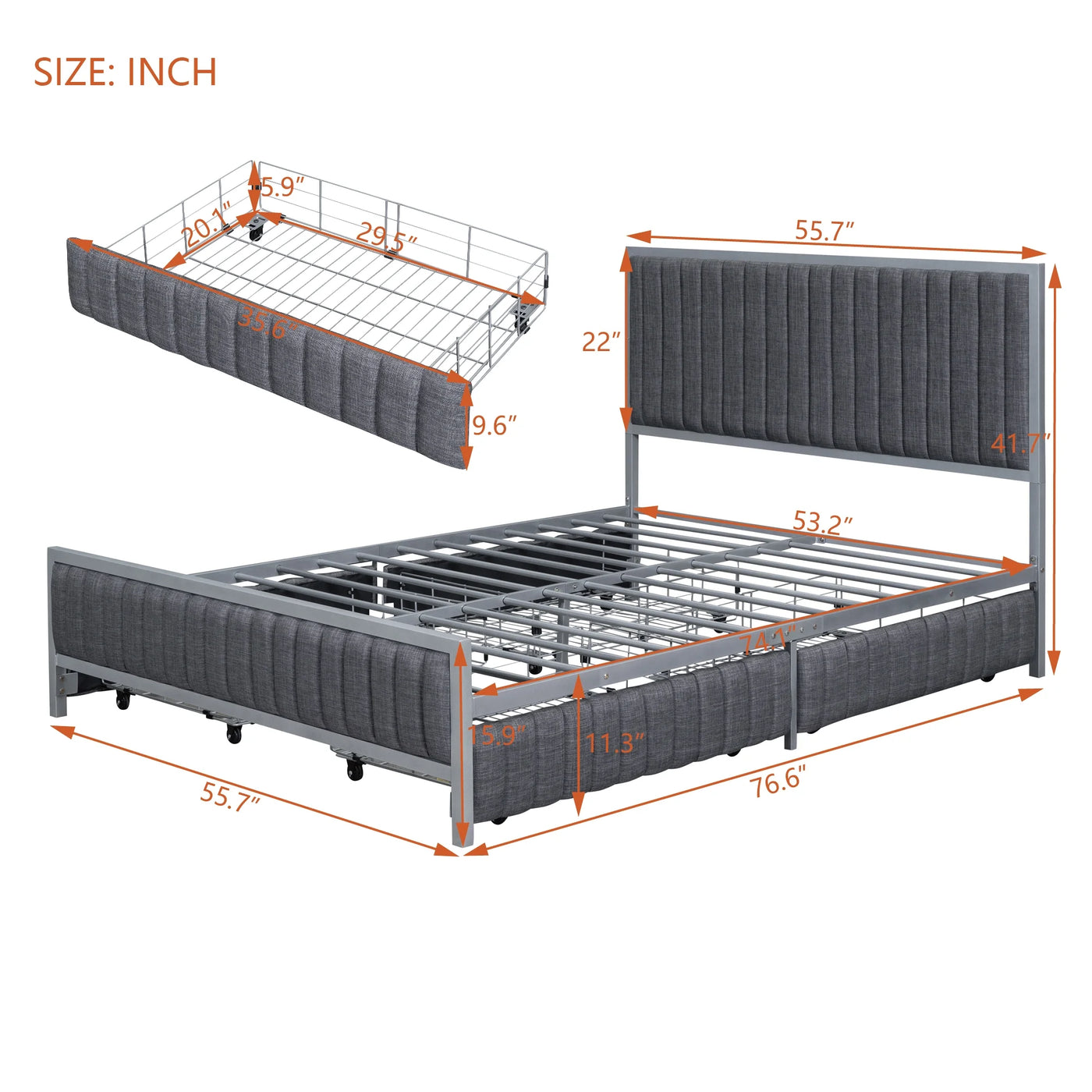 Roomfitters Full Size Metal Frame Upholstered Bed with 4 Drawers, Linen Fabric, Gray