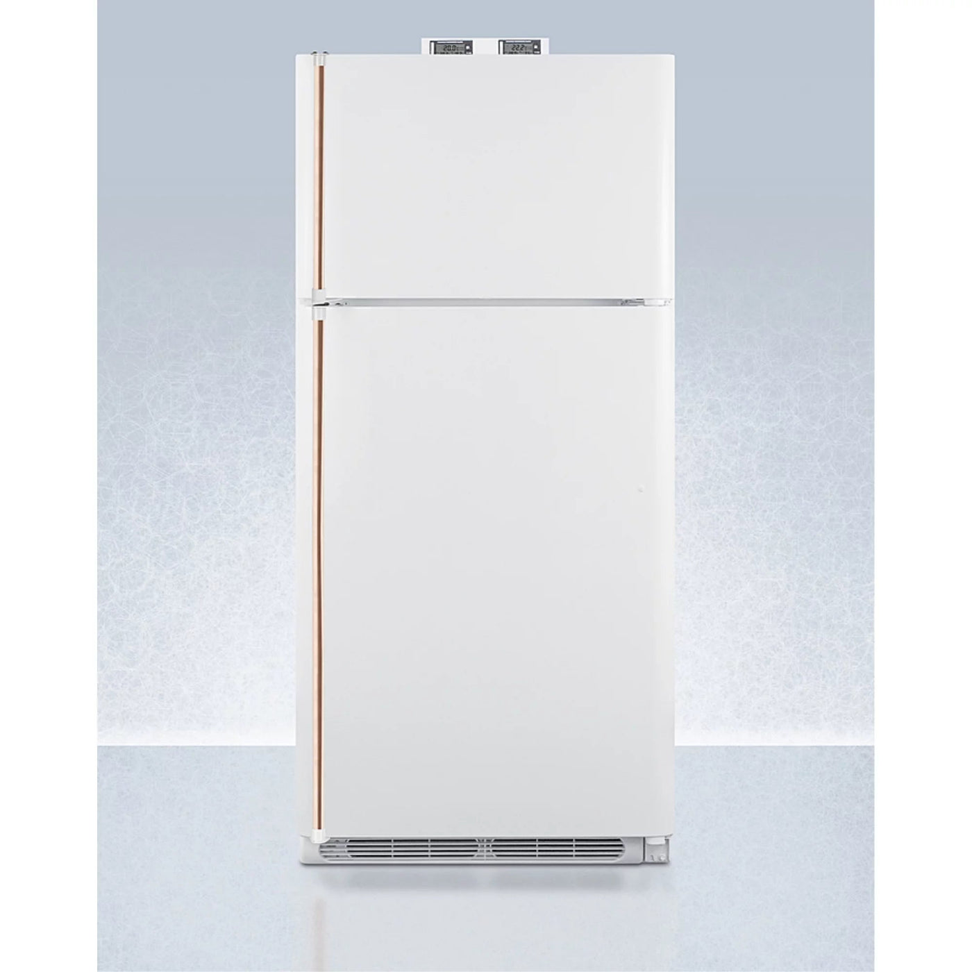 18 cu.ft. break room refrigerator-freezer in white with NIST calibrated alarm/thermometers and copper handles