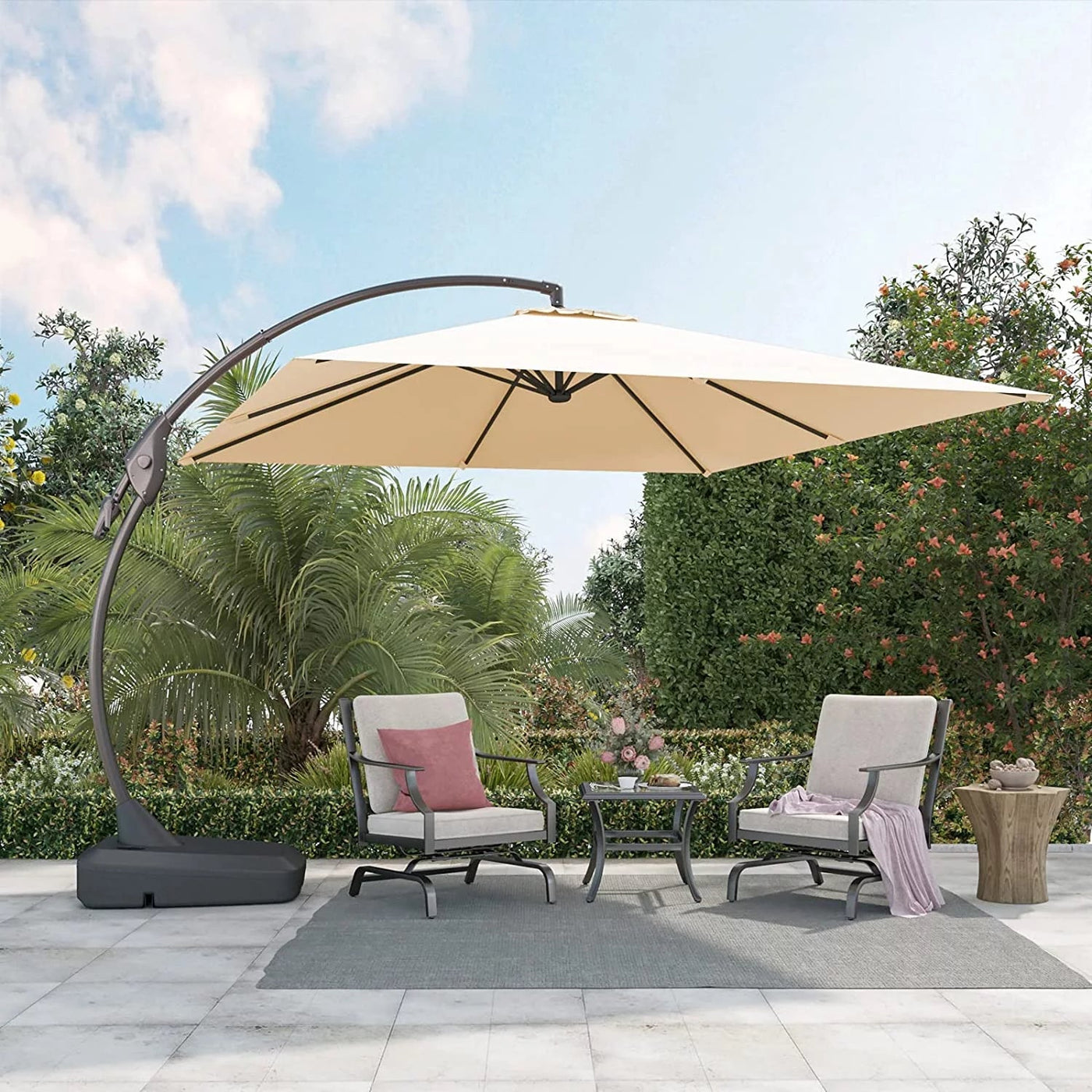 Grand Patio 10x10 ft Deluxe Cantilever Aluminium Offset Umbrella, Rectangular Patio Umbrella with Base, Champagne