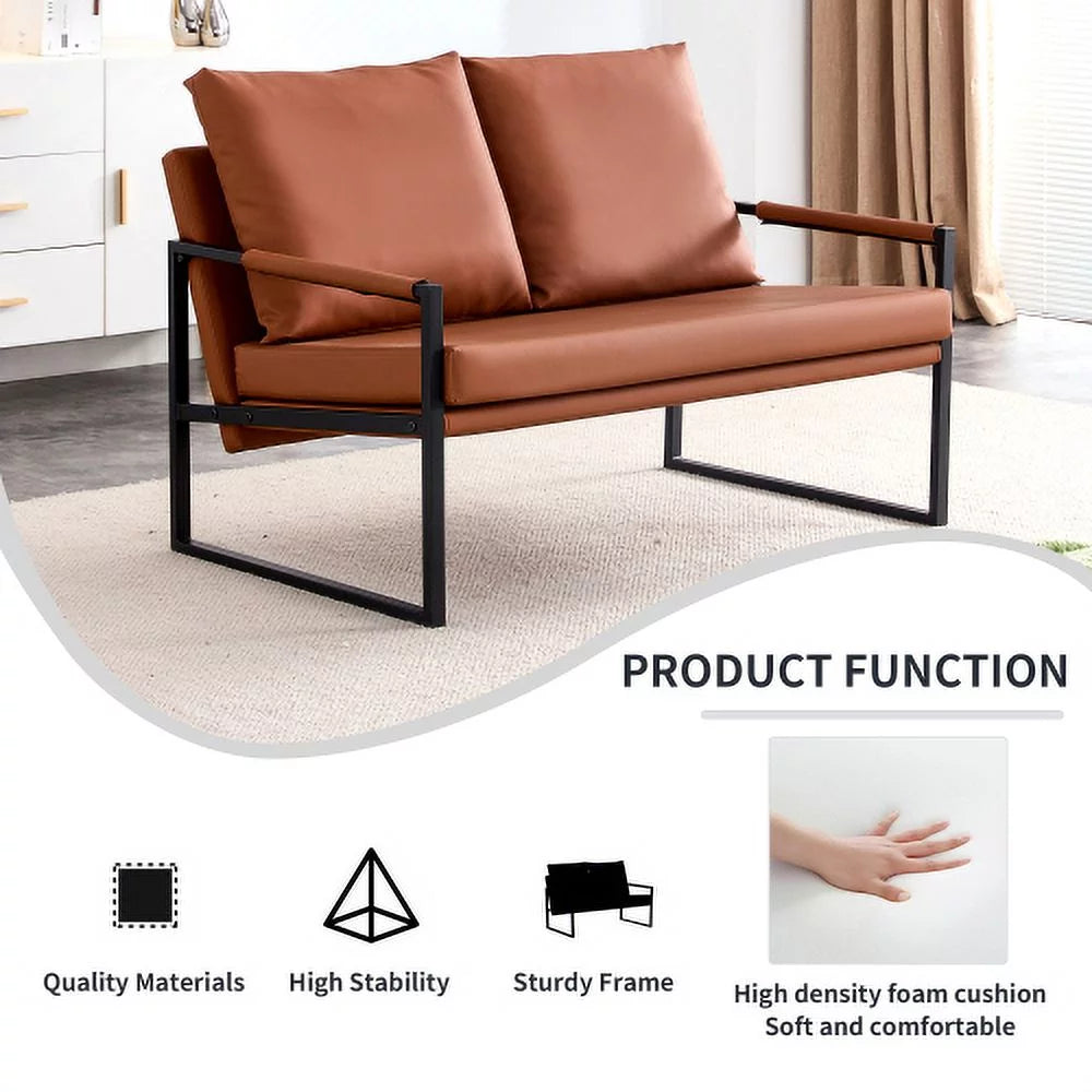 GVJMTKP Modern Two-Seater Sofa Chair with 2 Pillows - PU Leather High-Density Foam Black Coated Metal Frame.BrownSF-D008-BR