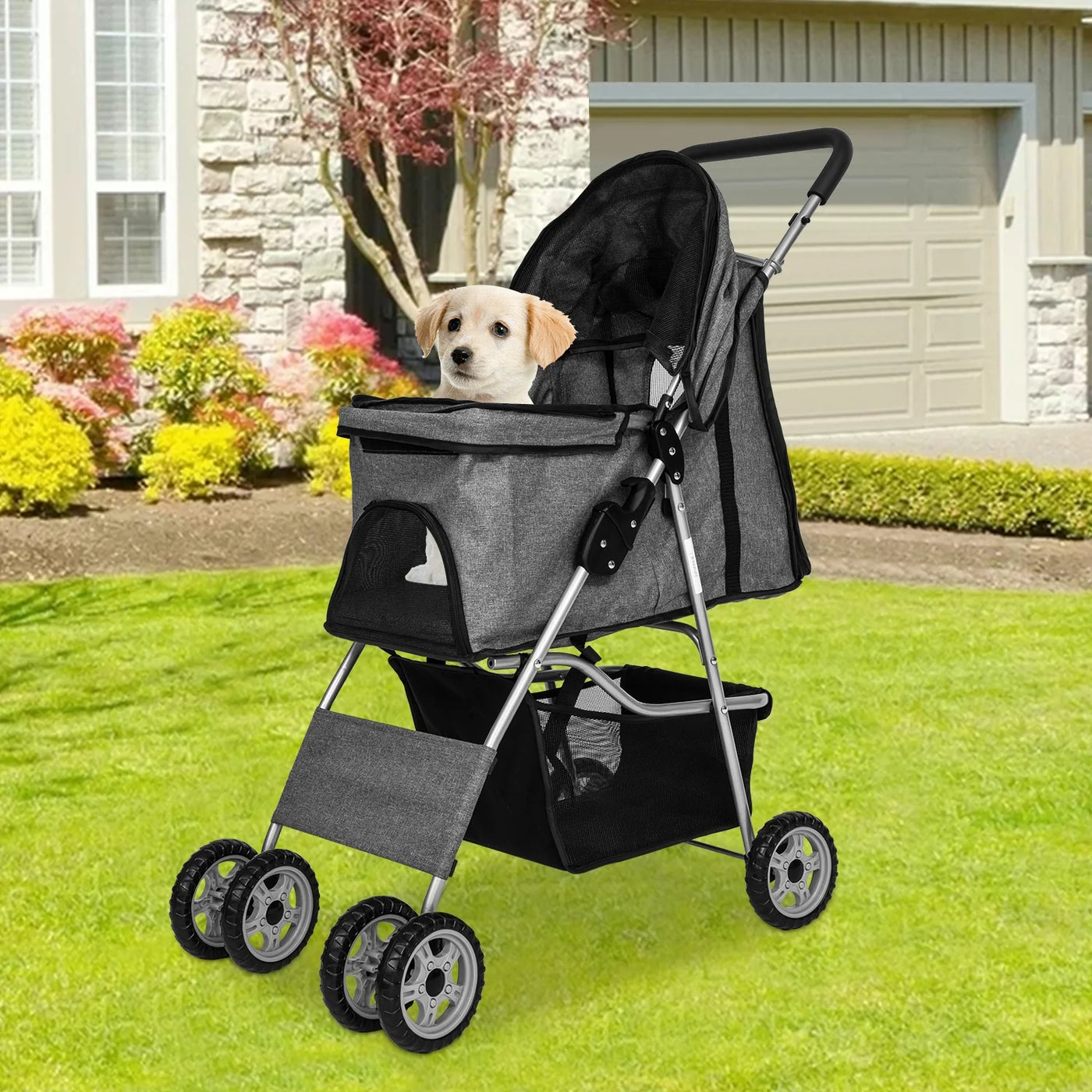 NiamVelo 4 Wheels Dog Stroller Foldable Pet Stroller Dog Cat Jogger Stroller Folding Lightweight Travel Stroller with Cup Holders& Storage Basket for Small Medium Dogs, Grey