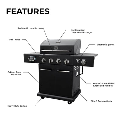 Kenmore 4-Burner Smart Gas Grill with Side Searing Burner, Black with Chrome Accents