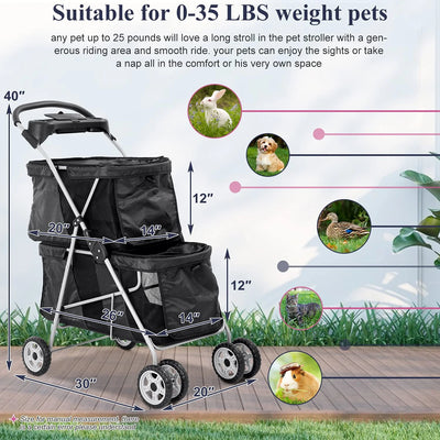 4 Wheels Pet Stroller Dog Cat Stroller, Foldable 2 Cages Strollers Kitten Puppy Carriages w/Cup Holders Soft Pad for Small Medium Dogs Cats (Black)