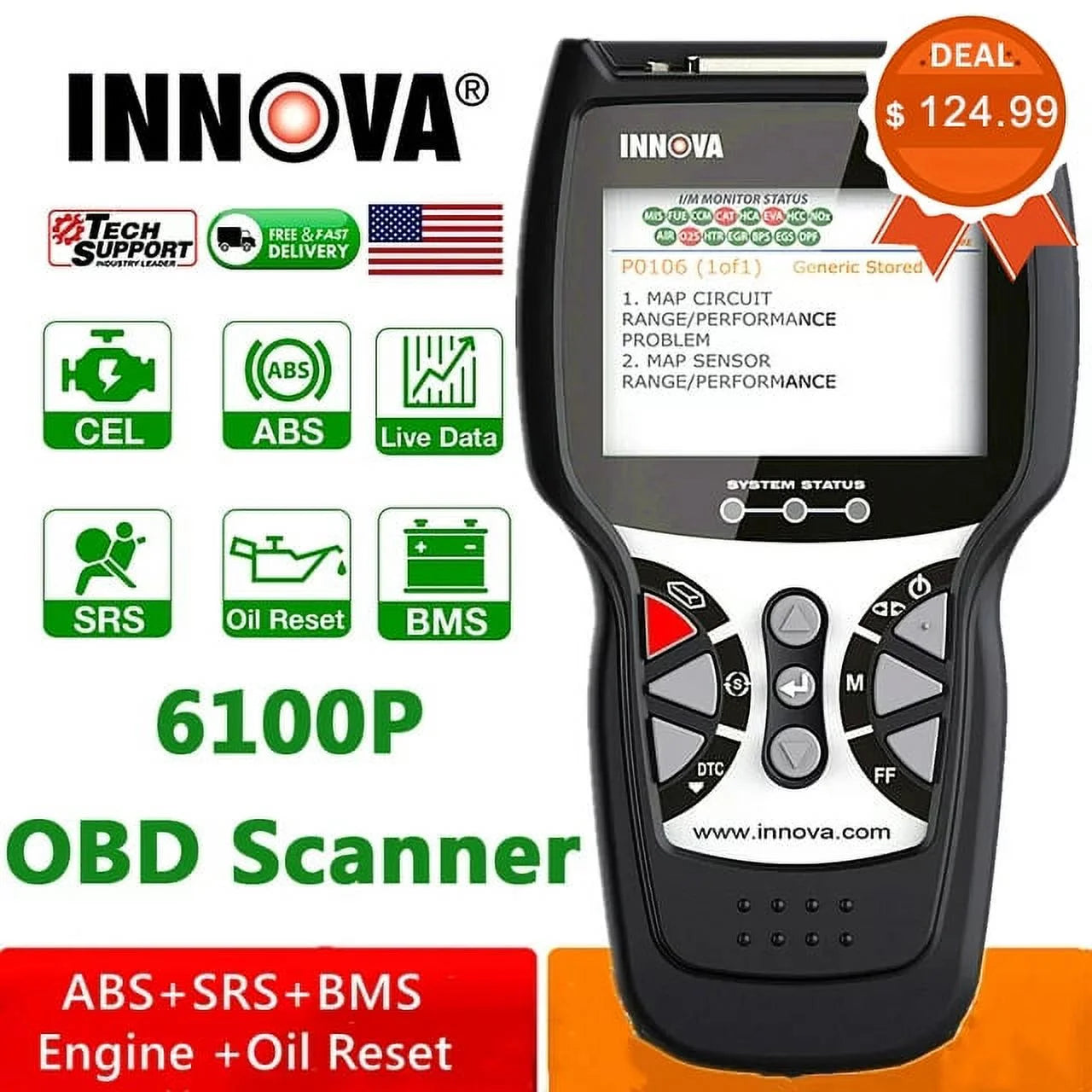 INNOVA 6100P OBD2 Scanner SRS Engine ABS Code Reader Oil Light Reset Automotive Diagnostic Tool for OBDII 12V Cars SUV Minivan Light Truck EOBD OBD Car Live Data Full OBD2 Functions Turn off MIL