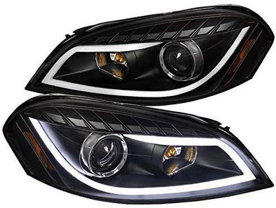 DRL LED Light Bar Strip Projector Headlight Head Lamp Replacement in Black Housing Clear Lens Made For And Compatible With 2006 - 2013 Chevy Chevrolet Impala 06 07 08 09 10 11 12 13