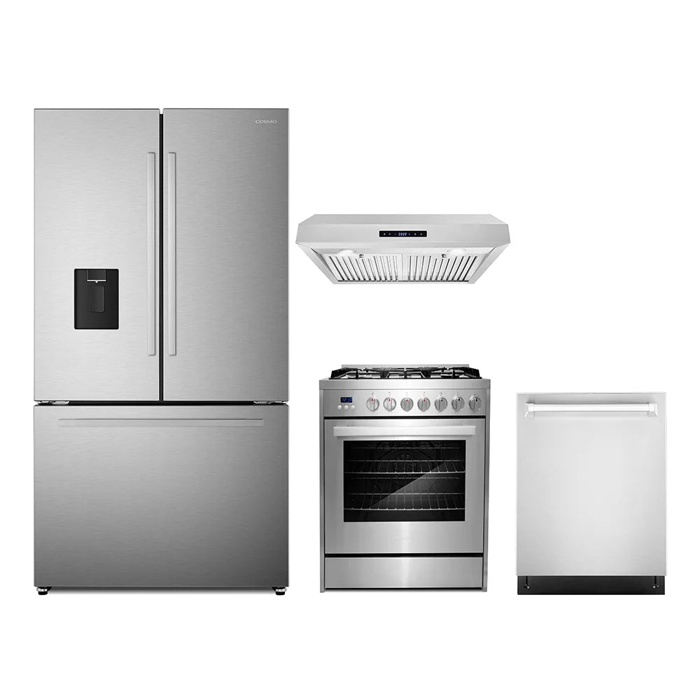 4 Piece Kitchen Package with 30" Freestanding Gas Range 30" Under Cabinet Range Hood 24" Built-in Fully Integrated Dishwasher 36" French Door Refrigerator