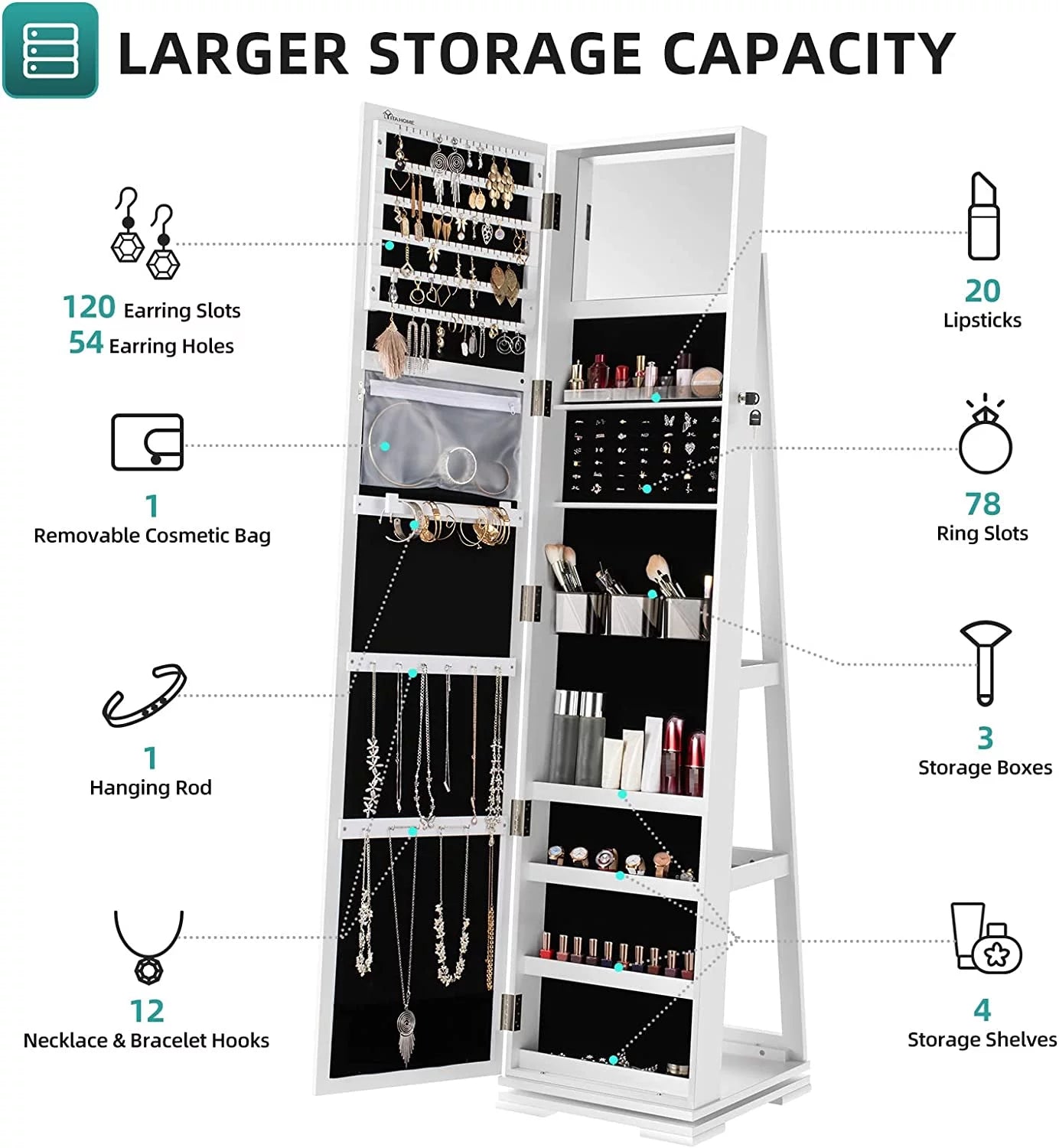 Dextrus 360° Swivel Jewelry Cabinet, Lockable Standing Jewelry Armoire with Full-Length Mirror, Rear Storage Shelves, White