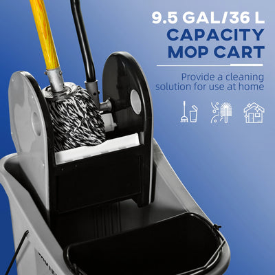 HOMCOM 9.5 Gallon (38 Quart) Mop Bucket with Wringer Cleaning Cart, 4 Moving Wheels, 2 Separate Buckets, & Mop-Handle Holder, Grey