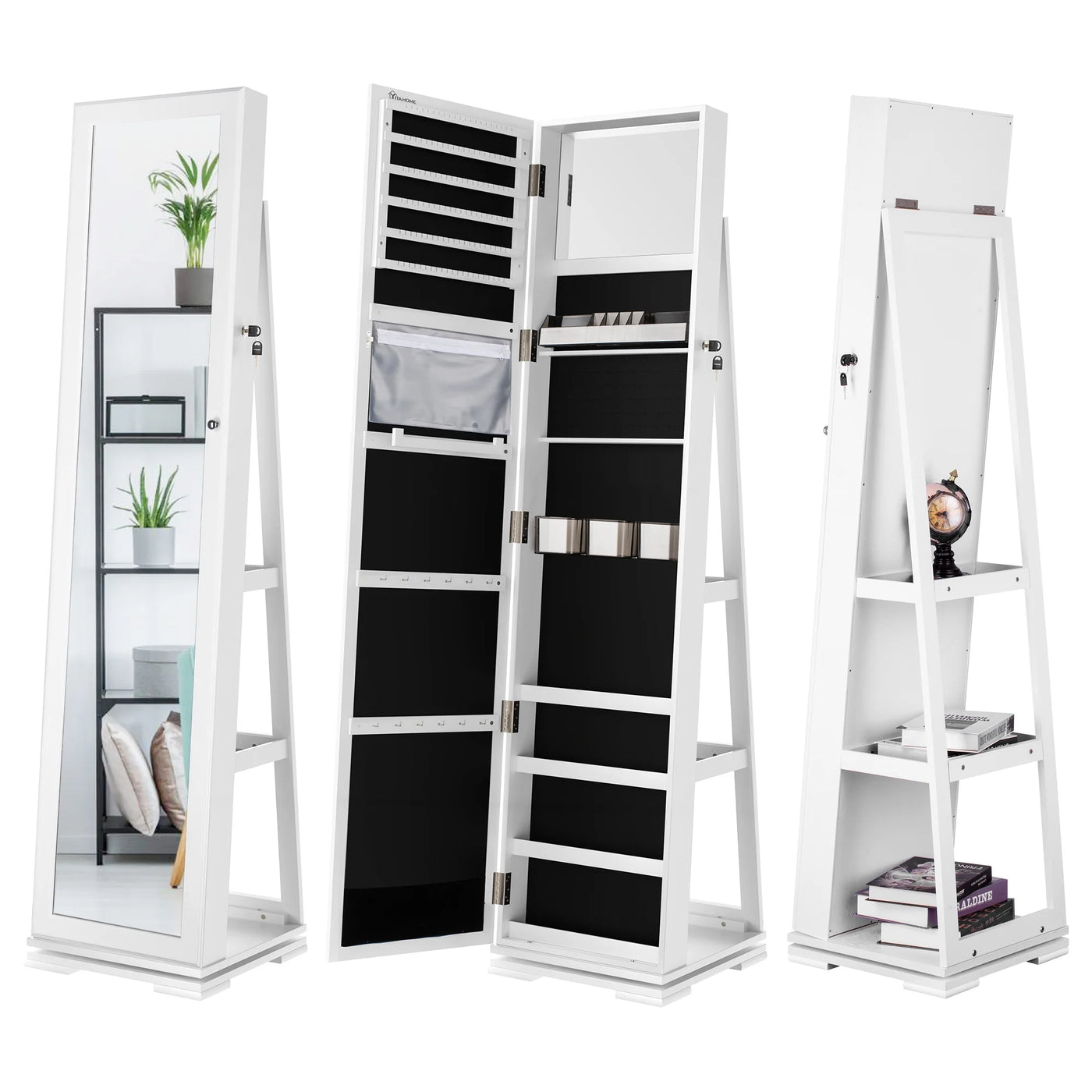 Dextrus Mirror Jewelry Cabinet 360° Rotating Jewelry Armoire Storage Box w/ Full Length Mirror Jewelry Organizer - White