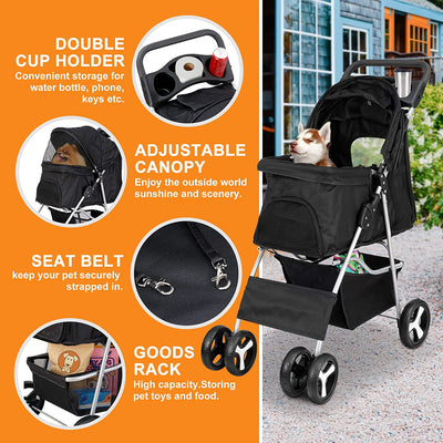 Pet Stroller 4 Wheels Dog Cat Stroller for Small Medium Dogs Cats Foldable Puppy Stroller with Storage Basket and Cup Holder