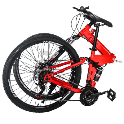 iRerts Mountain Bike, 26 Inch Folding Adult Mountain Bike with 21 Speed, Dual Disc Brakes, Cushion Height Adjustment, Carbon Steel Mountain Bicycles for Men Women Adults, Red/Black