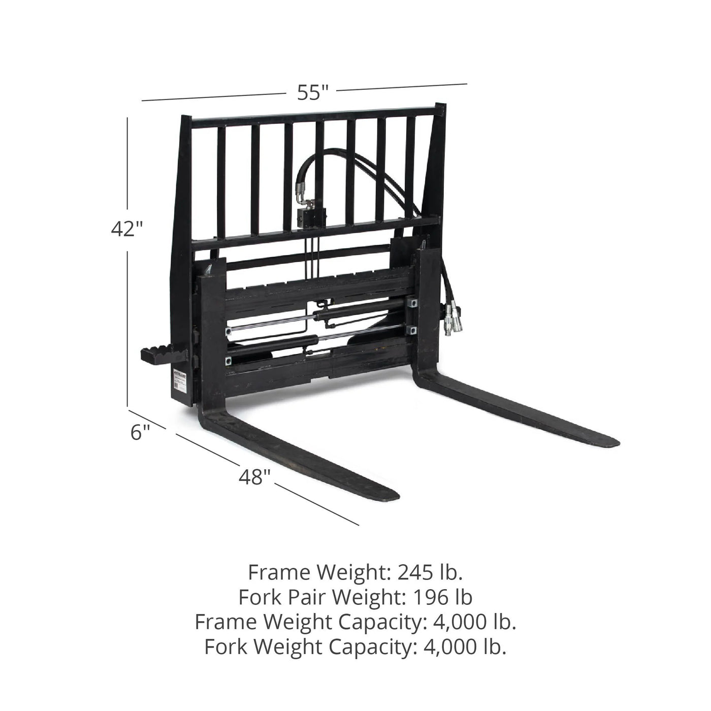 Titan Attachments Standard Series Adjustable Hydraulic Sliding Skid Steer Pallet Fork Attachment with 48in Fork Blades, 4,000 LB Capacity